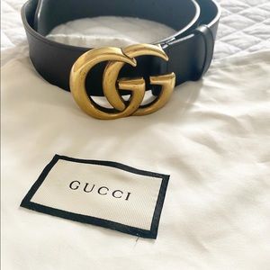 Gucci Marmont leather belt with double G buckle.